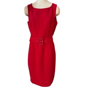Calvin Klein Red Sleeveless Belted Sheath Dress Boat Neck Size 12
